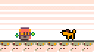 a robot playing catch with its dog. the robot is roughly round shaped, with a coral and orange dome-shaped head making up roughly the top half, with the bottom of a silver ball making up the bottom. it also has tennis balls for hands. it throws one of them